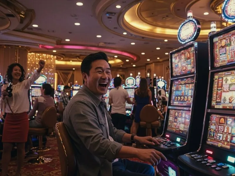 Happy elderly man celebrating a big win at slot machines inside 747-9.com casino.