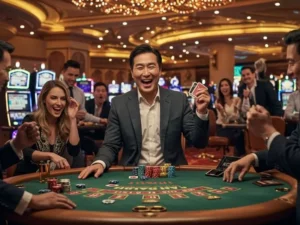 Man celebrating big poker win at 747-9.com casino table