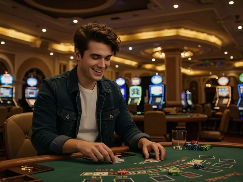 Smiling young man at a poker table enjoying the 747-9.com casino vibe