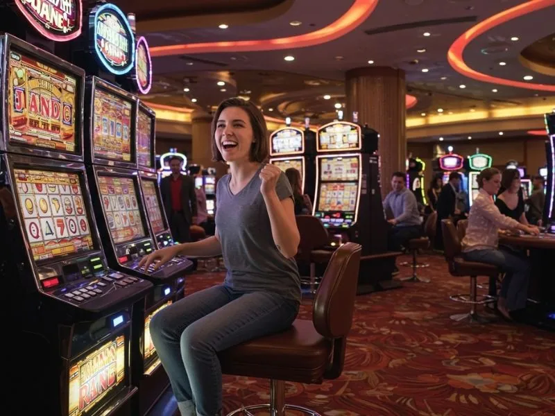 Happy woman celebrating a big win on a slot machine at 747 Bet online casino.
