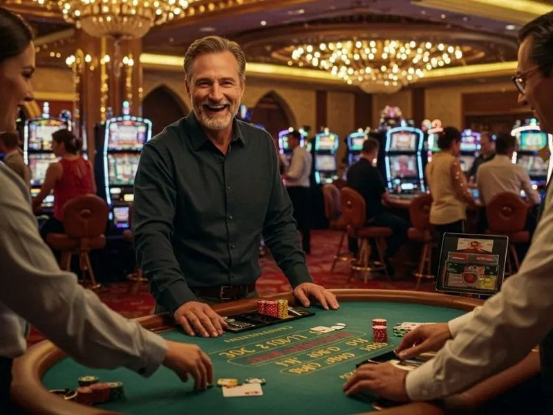 Smiling elderly man playing poker at a casino table with poker chips, enjoying the game at 747 Bet.
