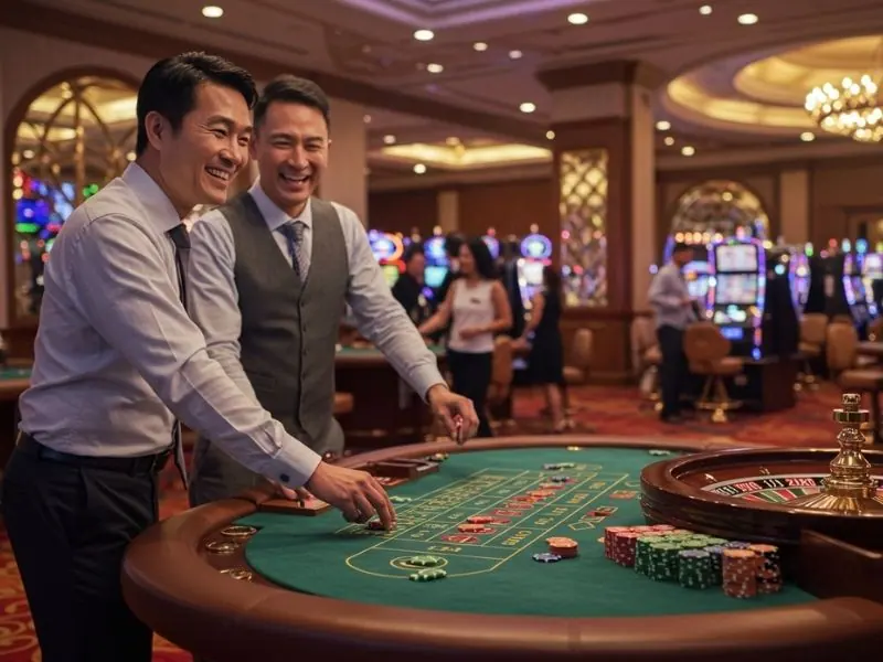 Two friends playing poker at a casino table, enjoying their 747 bet experience.