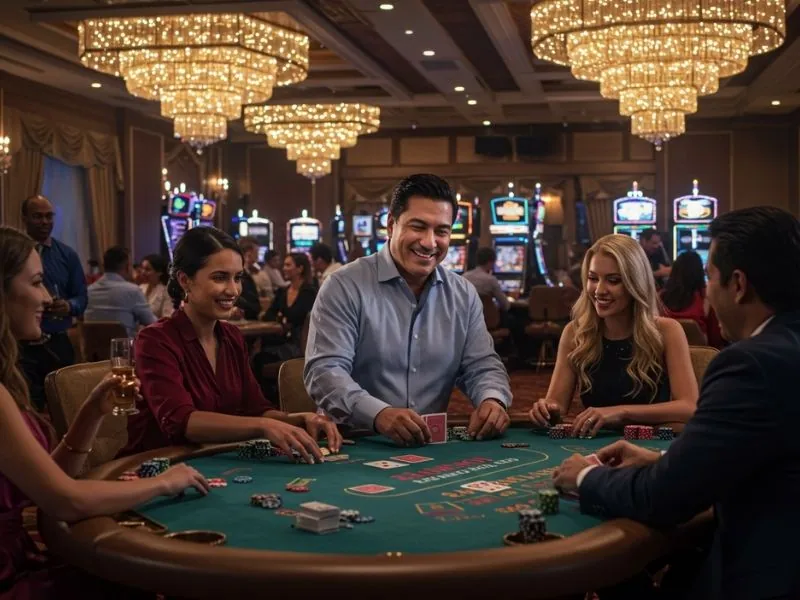 Friends enjoying a game of poker at a vibrant 747.live casino table.