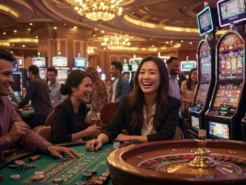 Happy group of friends enjoying a roulette game at 747.live casino