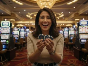 Woman posing with chips after a win at 747.live casino