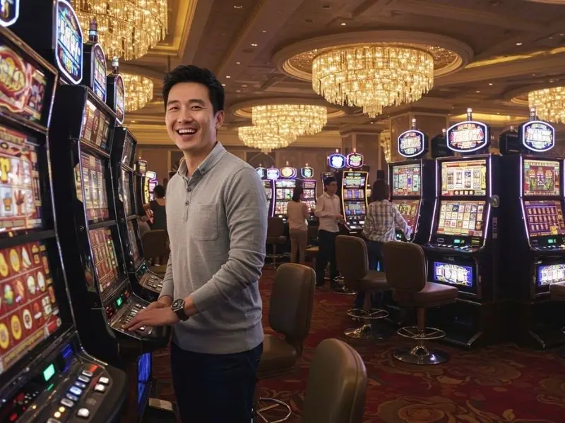 Young man playing slot machines at 747.live casino