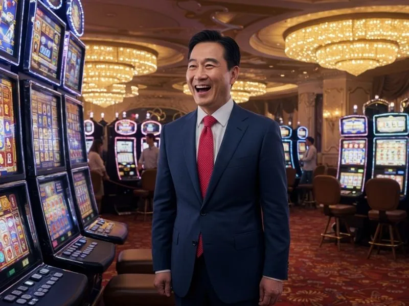 Happy man looking at slot machines at 747live online casino