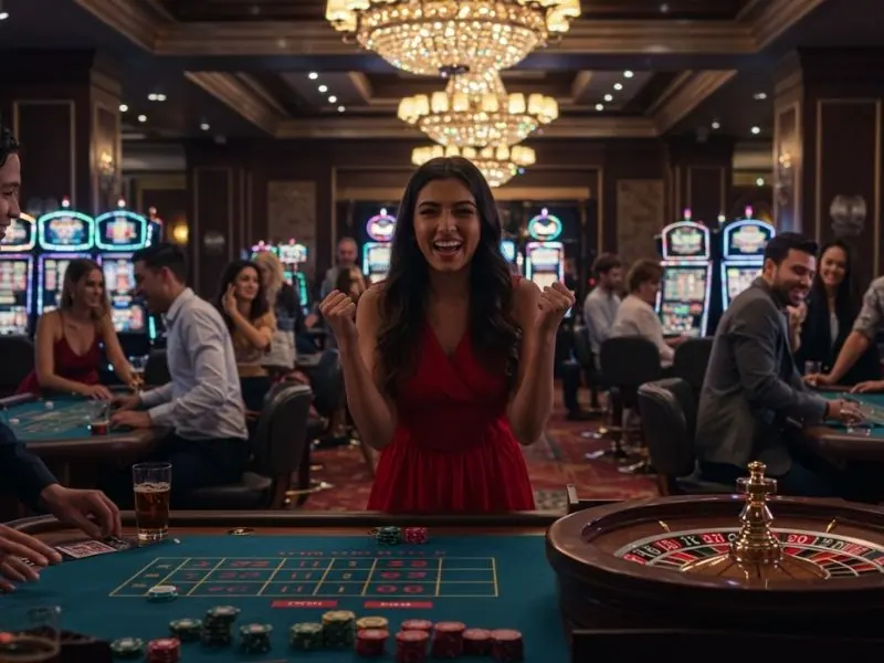 Happy teenage girl celebrating a small win at the roulette table in 747live online casino.