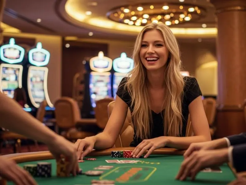 Smiling woman placing a bet at a gaming table in 747live online casino.