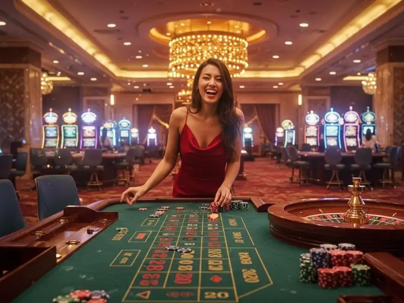 Joyful woman managing her tasks on the 747 agent dashboard at a poker table