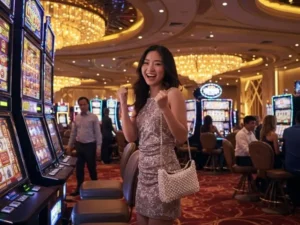 Stylish woman celebrating a slot win on the 747 agent dashboard interface