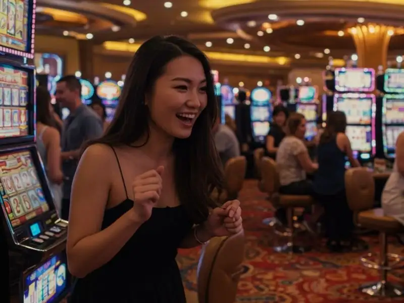 Beautiful smiling woman playing a slot machine with 747 live agent assistance