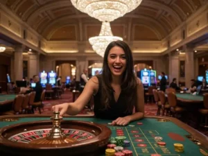 Beautiful woman playing a roulette game with the assistance of a 747 live agent in a casino setting