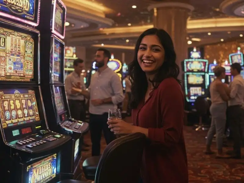 Cheerful young woman enjoying a drink at a casino while interacting with 747 live agent services