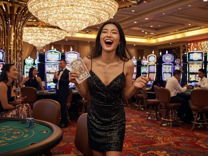 Elegant woman holding a casino ticket representing 747 live agent services