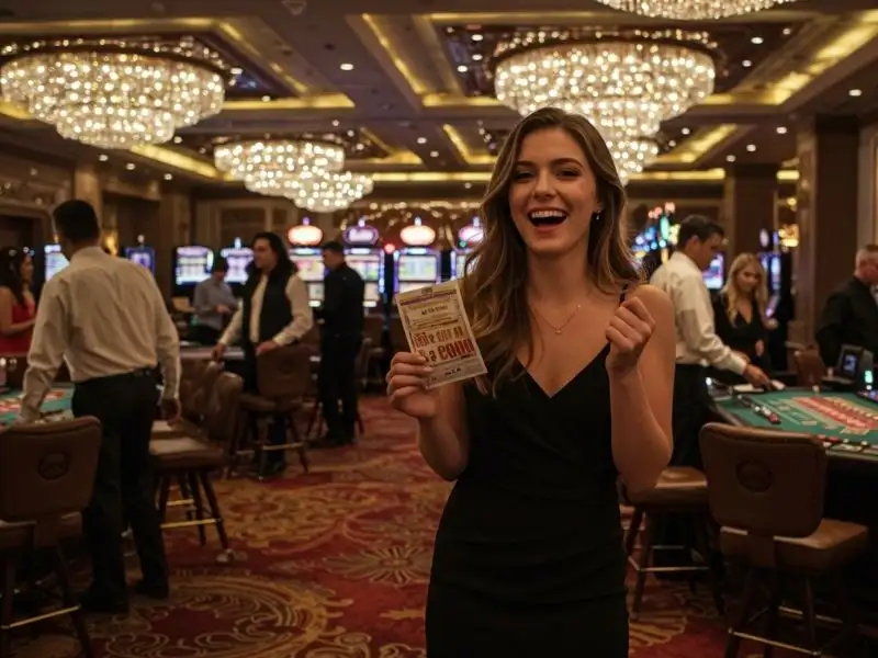 Cheerful woman holding a casino ticket promoting 747 live app download
