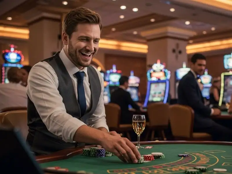 Man celebrating with poker chips while using the 747 live app download for online betting