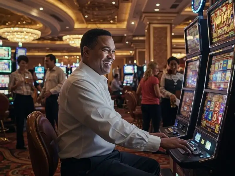 Happy man pressing a slot machine button during 747 live casino login slot play