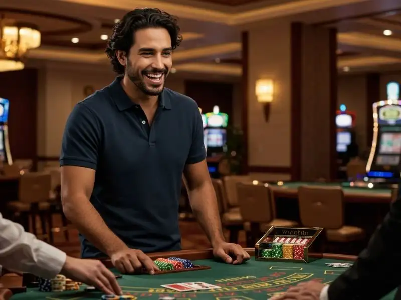 Man grinning at a poker table with chips during 747 live casino login slot play
