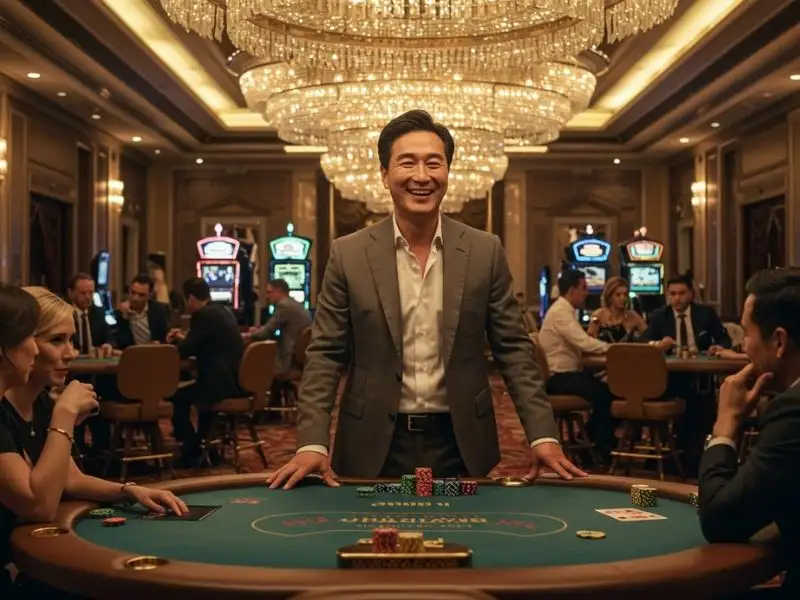 Happy man standing with poker chips ready to play after 747 live login