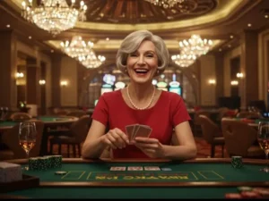 Smiling elderly woman playing cards at a casino after accessing 747 live login