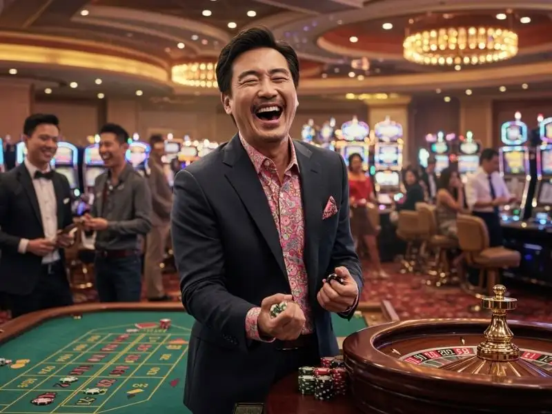 Excited man celebrating a roulette win at 747 online casino, holding chips in hand