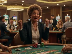 Joyful woman celebrating a poker win at 747 online casino