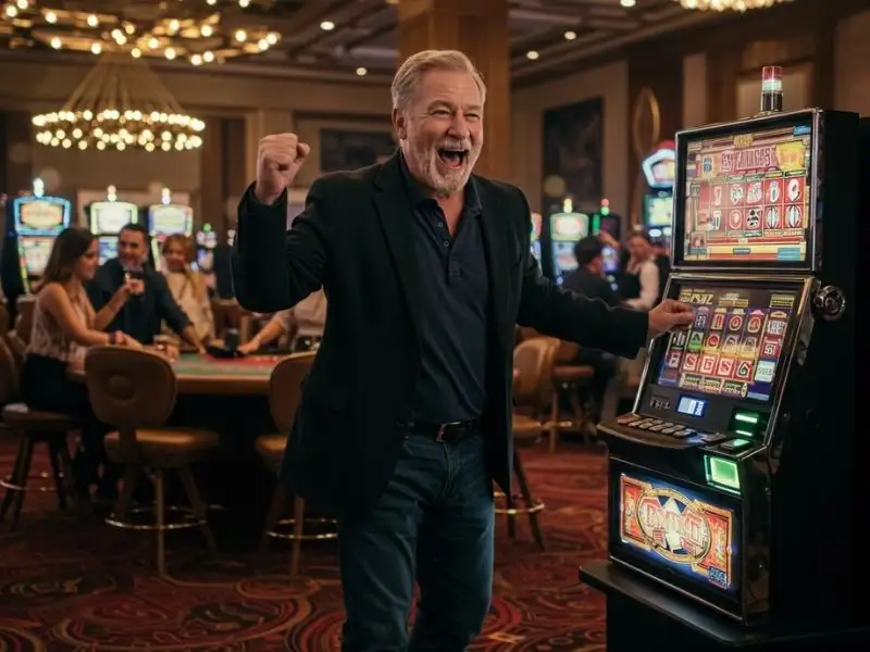 Old man celebrating a slot machine jackpot at 747 online casino