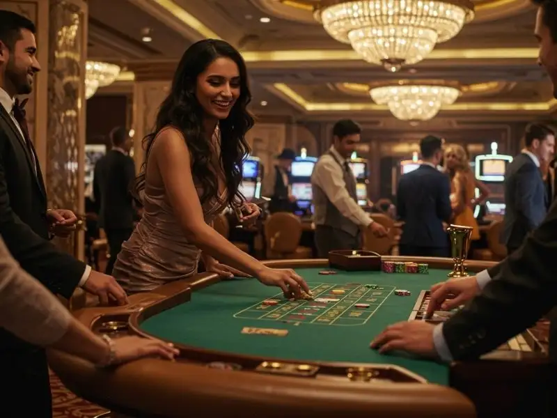 Smiling woman placing bets at a poker table in a 747 online casino