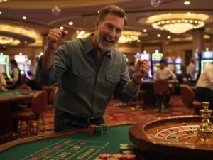 Elderly man celebrating a big roulette win at lucky slot 777 casino
