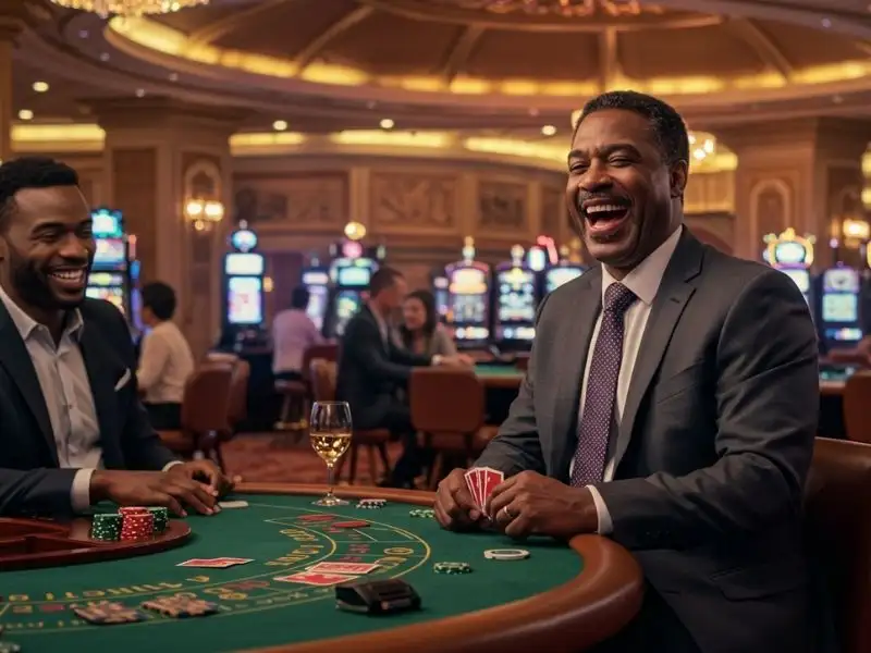 Father and son enjoying a poker game together in a lucky slot 777 casino setting