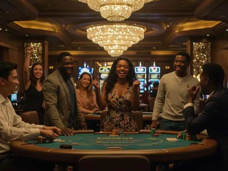 Group of friends happily playing poker together in a lucky slot 777 casino setting