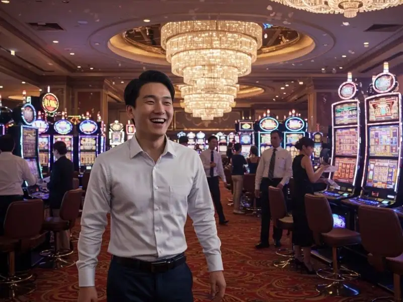Happy guy enjoying casino vibes while looking at lucky slot 777 machines