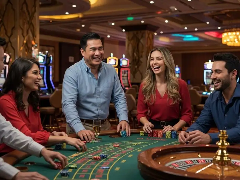 Group of friends smiling and playing poker at a casino table after milyon88 com login