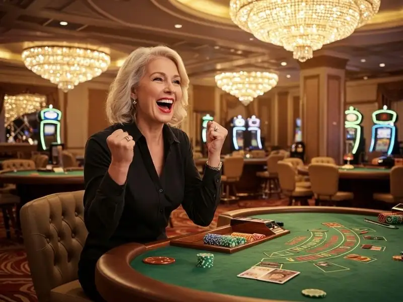 Happy old woman cheering at a poker table after milyon88 com login