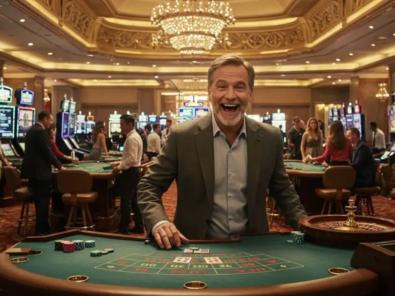 Old man grinning while playing poker after successful milyon88 com login