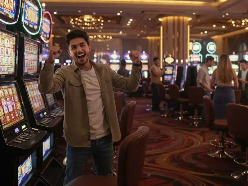 Cheering man celebrates a big slot machine win at Okbet Online Casino