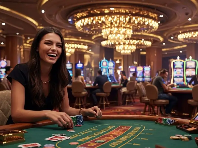 Gorgeous female poker player holding chips at Okbet online casino