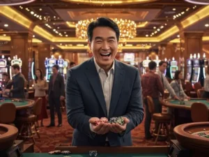 Joyful old man holding casino chips while enjoying Okbet online casino