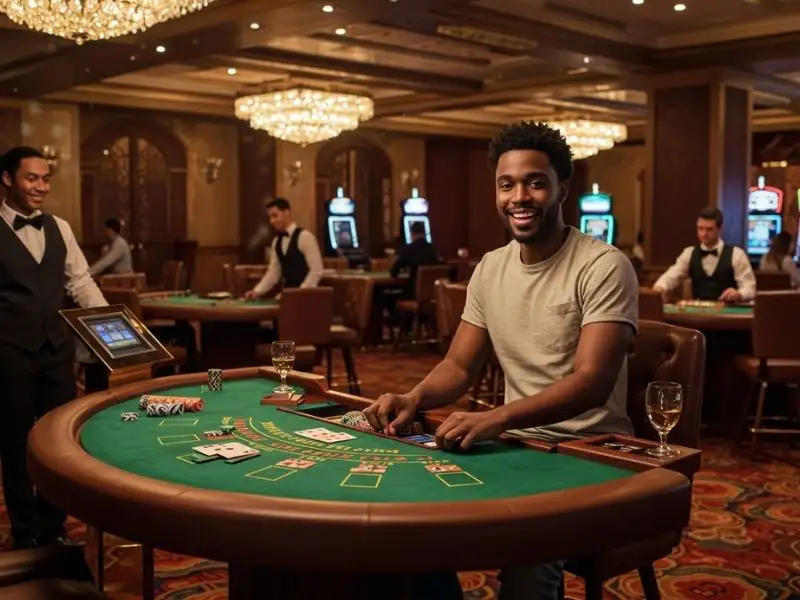 Smiling poker player enjoying a winning moment at Okbet online casino