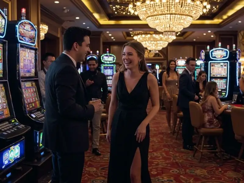 Happy couple talking near slot machines inside Panaloko Casino