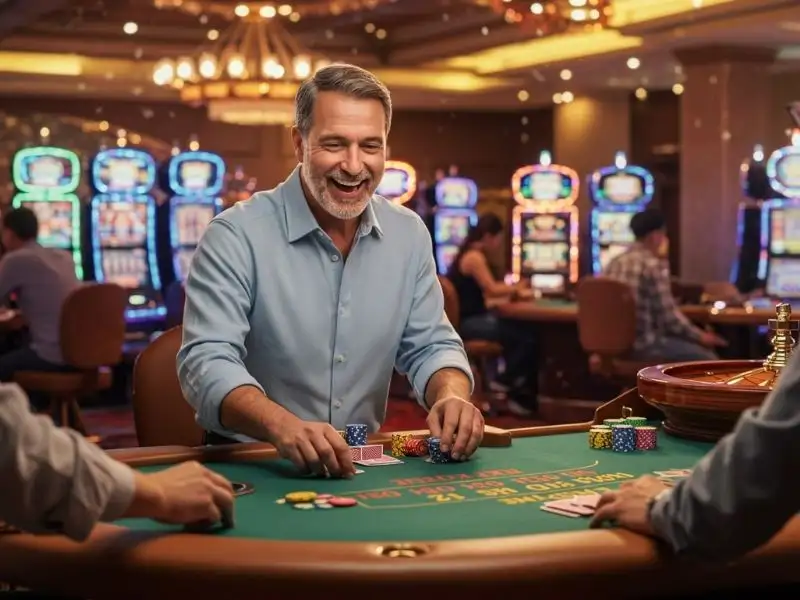 Happy elderly man placing a poker bet at Panaloko Casino