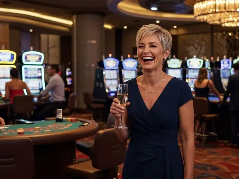 Happy woman enjoying drinks in a lively crowd at Panaloko Casino