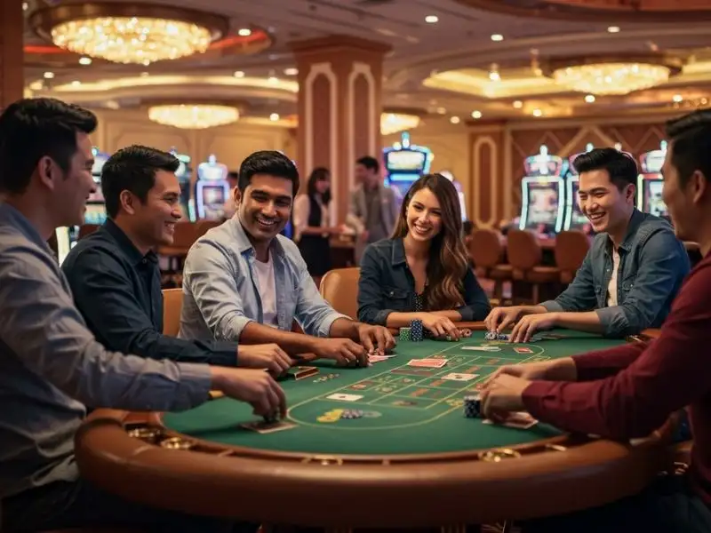 Cheerful friends playing poker together at PhDream Online Casino