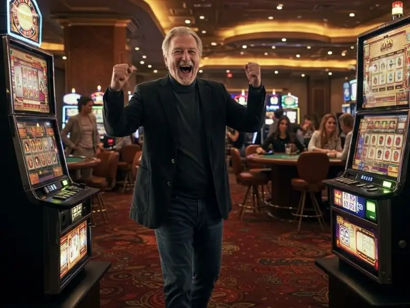 Elderly man celebrating a big slot machine win at PhDream Online Casino surrounded by a lively crowd