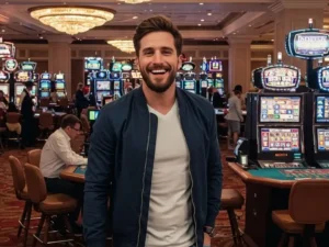 Grinning man enjoying the vibrant atmosphere of PhDream online casino