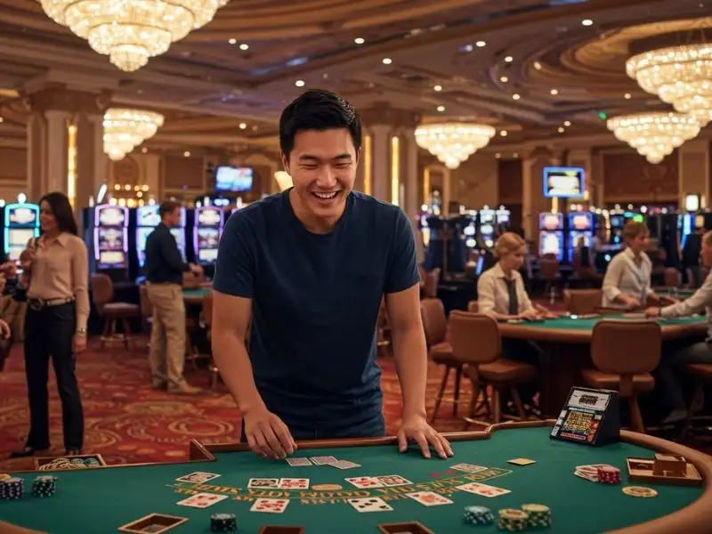 Young man playing poker and looking at his cards at PhDream Online Casino