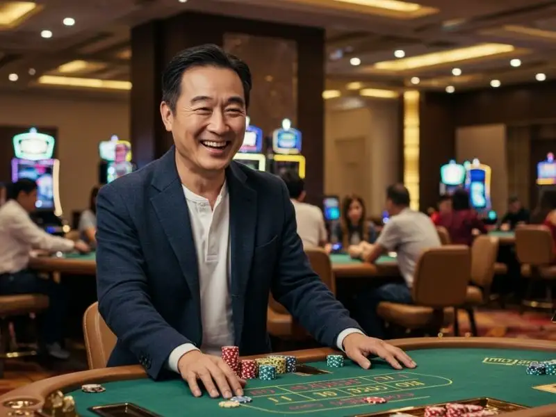 Joyful man celebrating a big poker victory at Queen 777 Casino