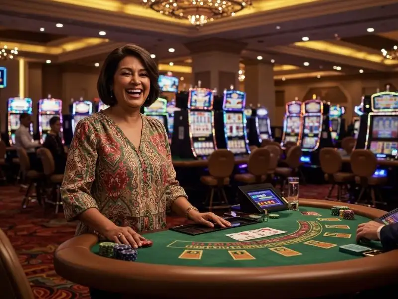 Smiling woman happily posing for a picture at a poker table in Queen 777 Casino