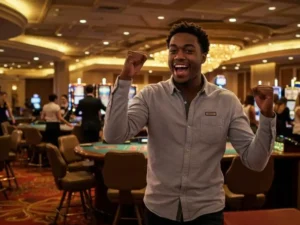 Young male player cheering with excitement on the casino floor at Queen 777 Casino